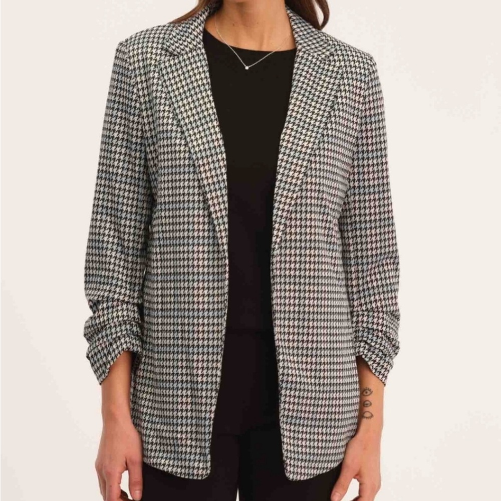 Philosophy Black White Gingham Blazer 3/4 Gathered Sleeve Women's